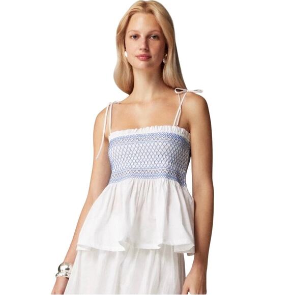 NWT J.Crew White Smocked Peplum Top XS Tie-Strap Blue Embroidery Poplin - Picture 1 of 8